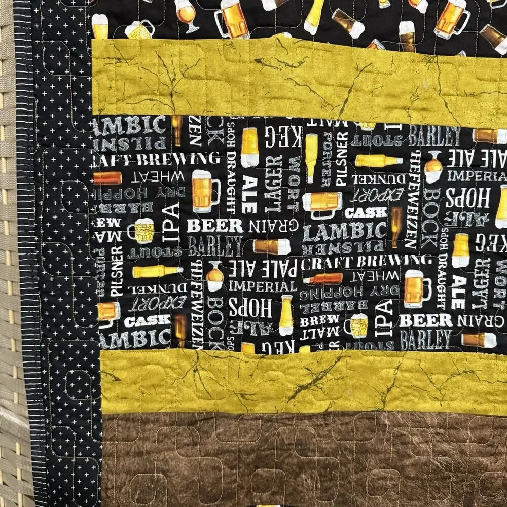 Handmade Quilt BEER BAR Theme Throw 45x66 Fun Novelty Gift Black Gold Brown EUC